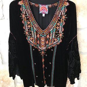 Johnny Was Chiri Black Velvet Embroidered Boho Top
